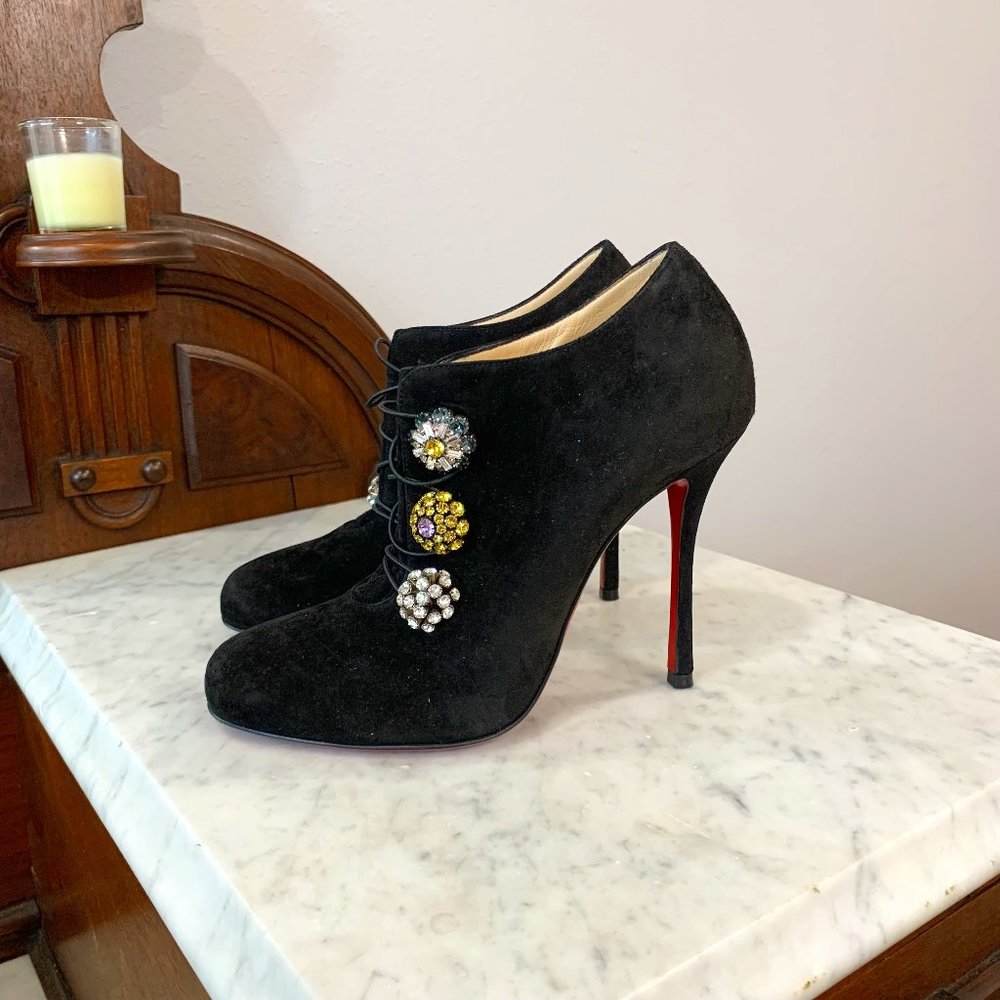 Louboutin Bootoni MJ 100 Black Suede Rhinestone Button Booties size 36.5